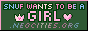 snuf wants to be a girl | a green blinkie with text in trans flag colors